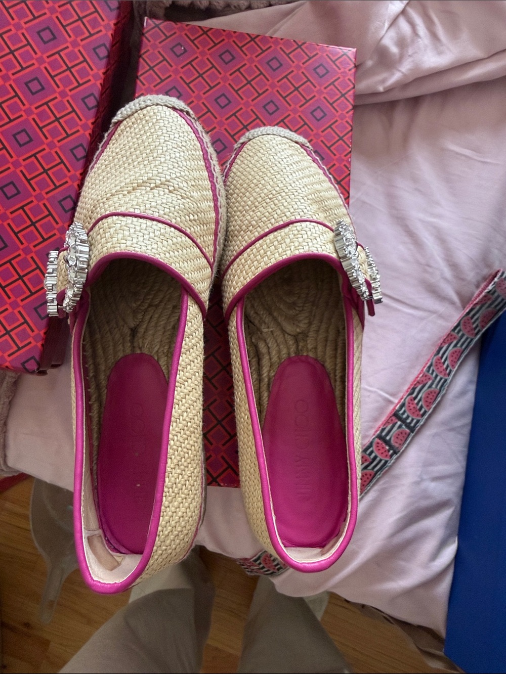 Jimmy Choo Natural Straw Flats with Pink Trim and Crystal Buckle